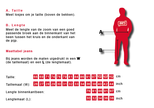 wastafel Uitstekend bericht Maattabellen - Service - Jaap's Jeans & Sportswear